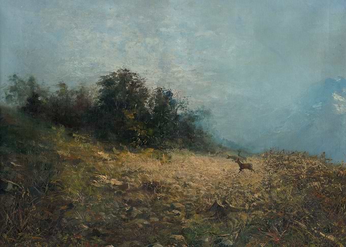 Deer in a Misty Mountain Landscape