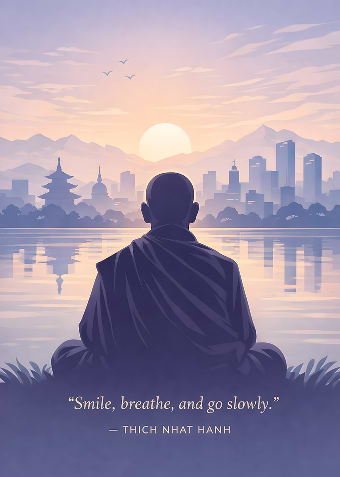 Monk meditating at sunrise over city