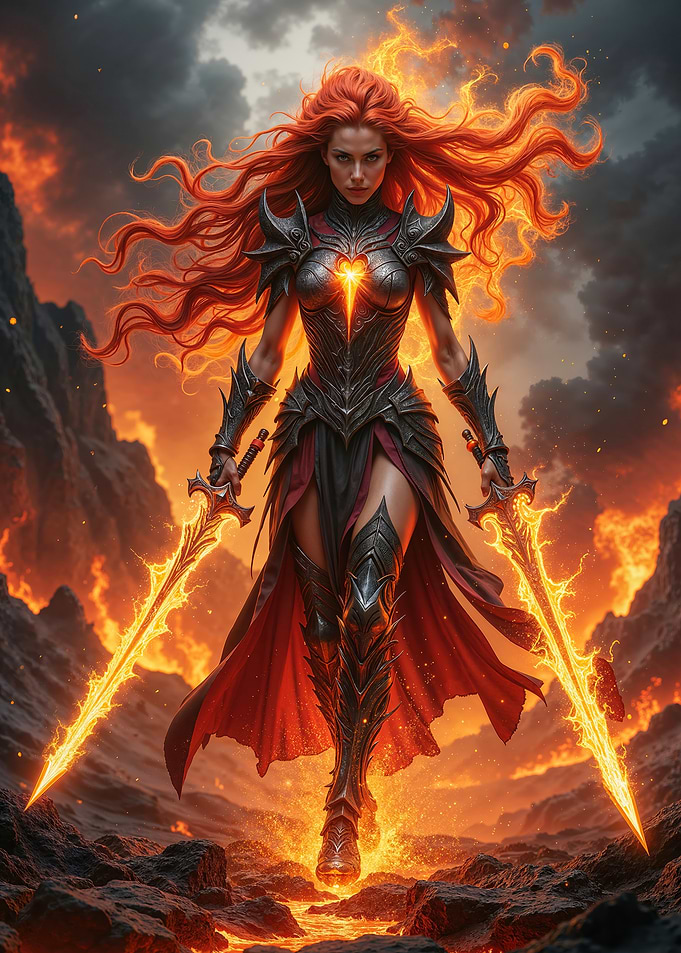 Fiery Warrior Woman with Swords