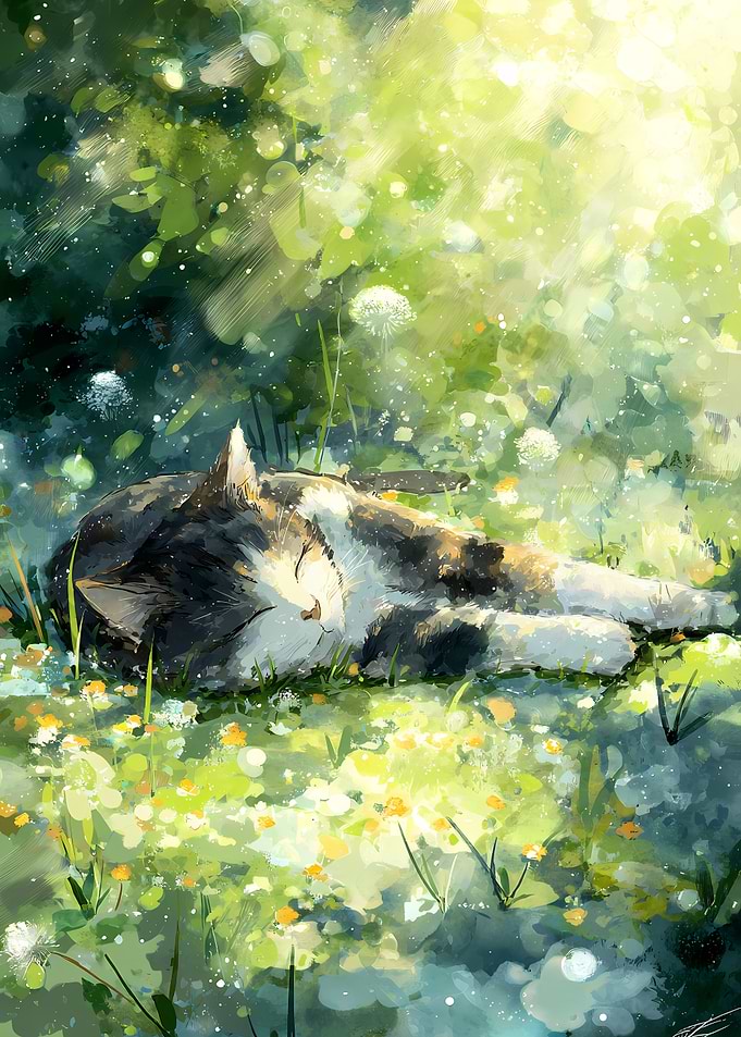 Cat Sleeping in a Sunny Meadow