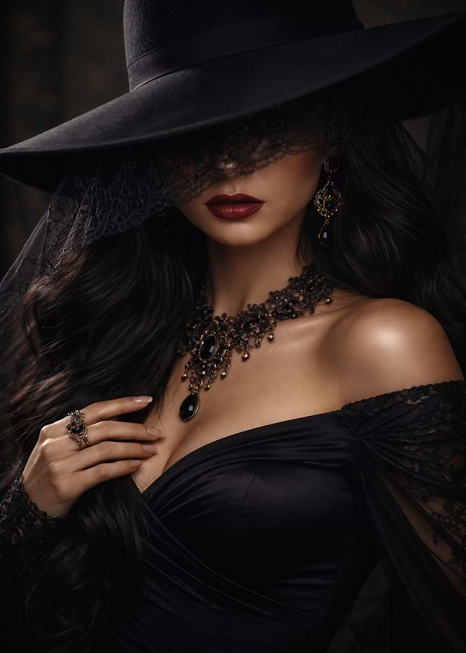 Gothic Woman in Black Hat and Dress