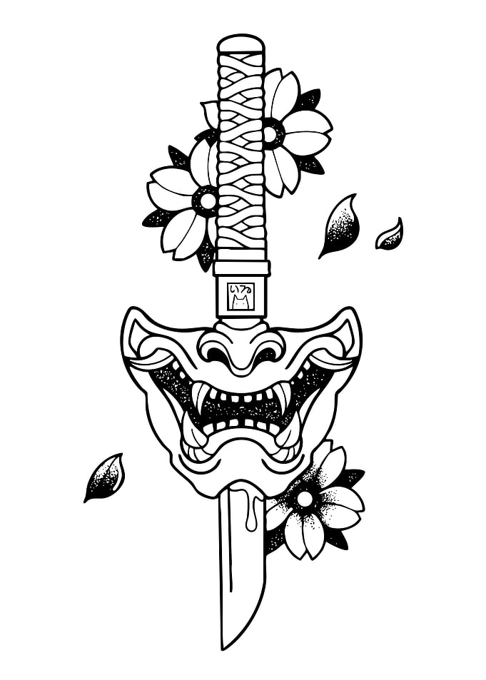 Samurai Mask and Sword Tattoo Design
