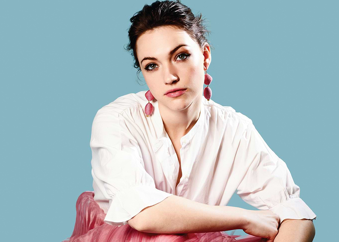 Violett Beane in White Shirt and Pink Skirt