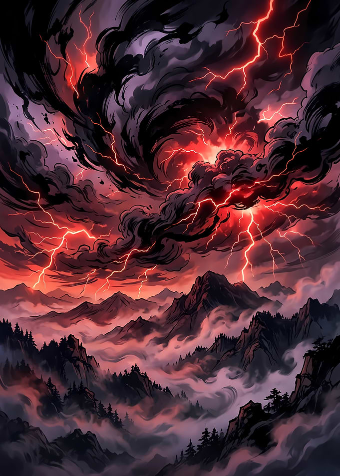 Stormy Mountain Landscape with Lightning