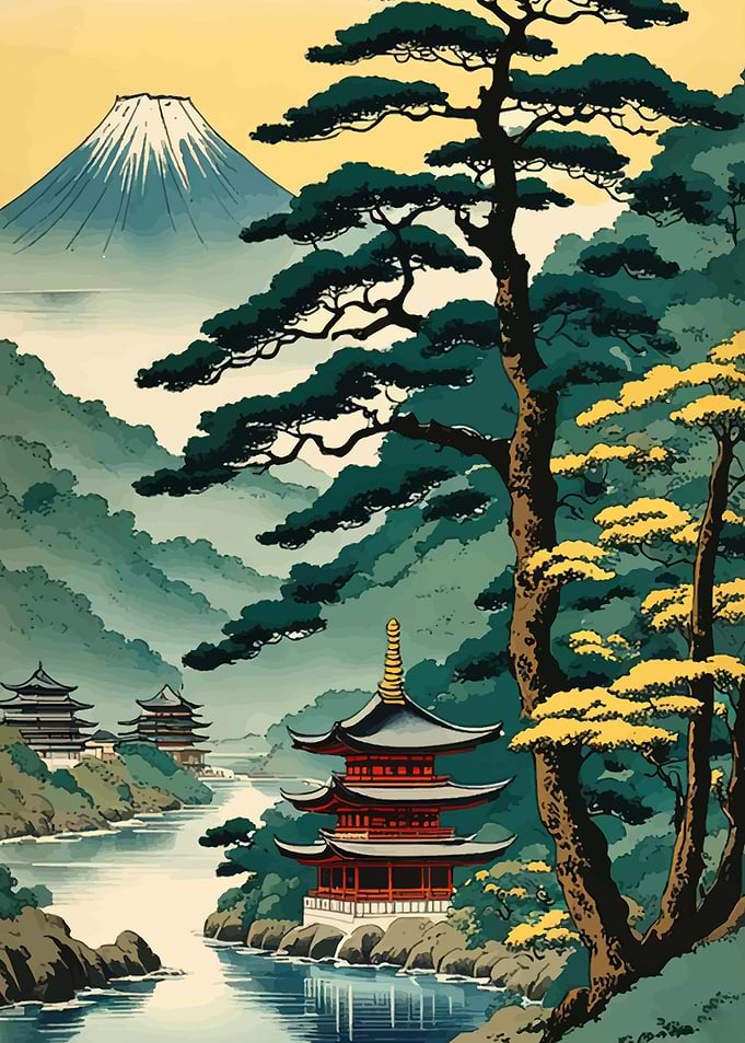 Japanese Pagoda and Mount Fuji Landscape