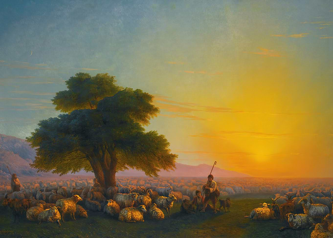 Shepherds and Sheep at Sunset
