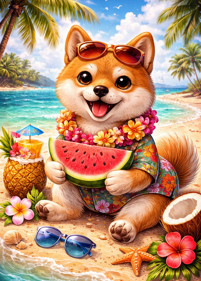 Cute Shiba Inu on a Tropical Beach