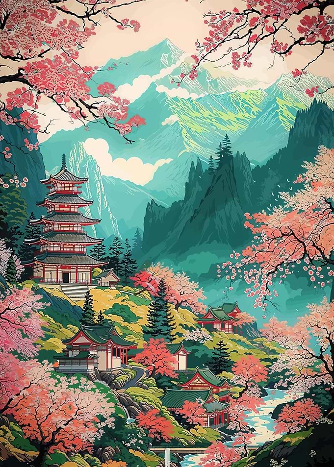 Japanese Pagoda Amidst Cherry Blossoms