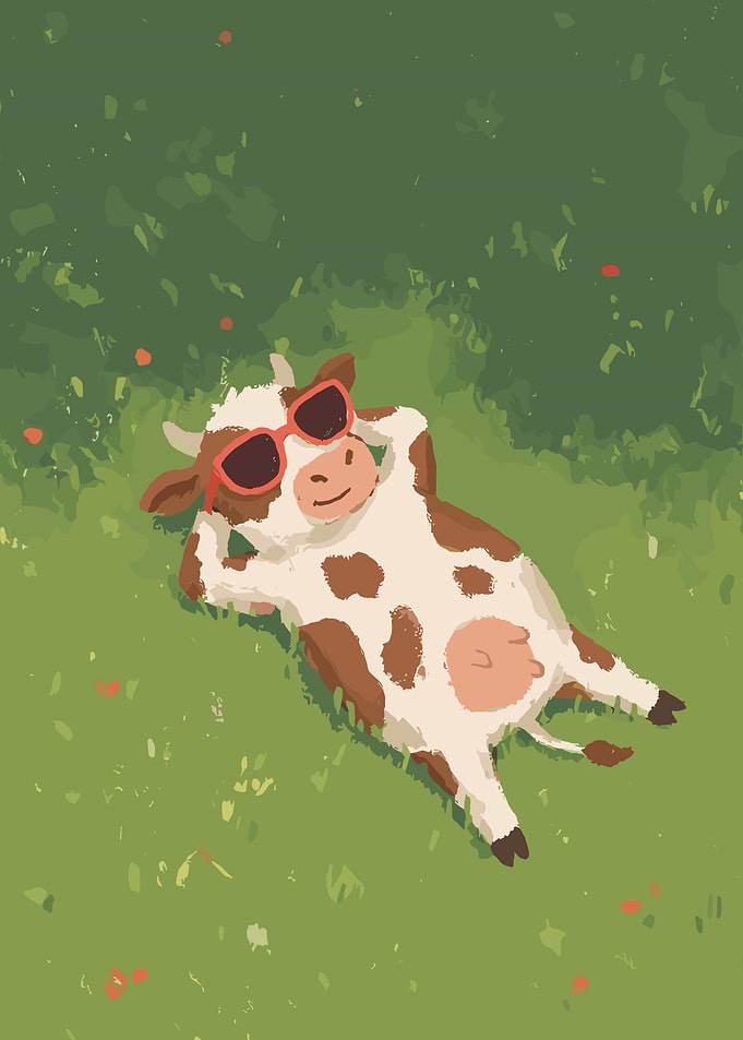 Cow Relaxing in Sunglasses on Grass