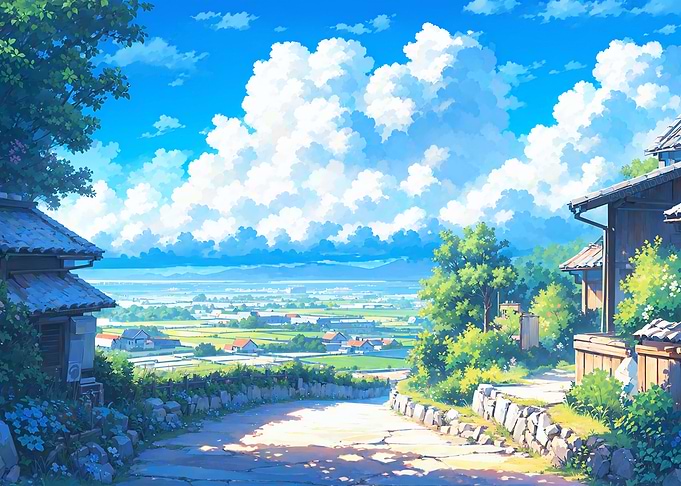 Anime Village Landscape with Clouds