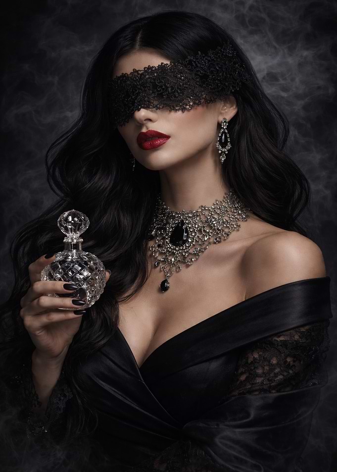 Woman in Black Lace Mask and Gown