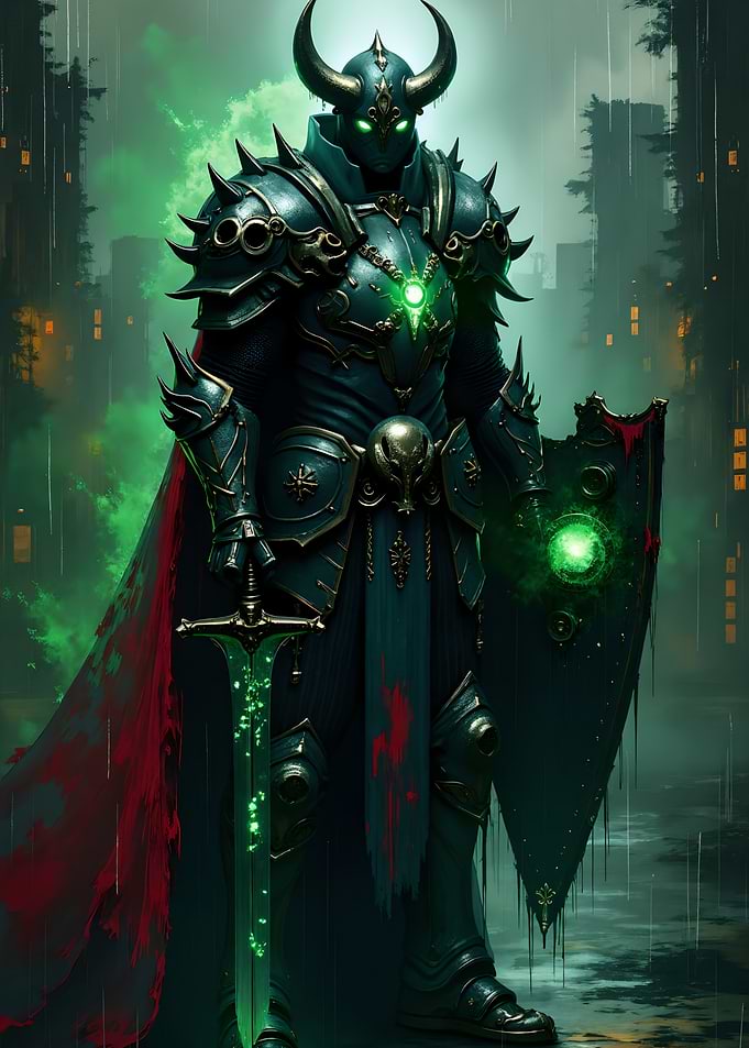 Dark Knight with Glowing Sword and Shield