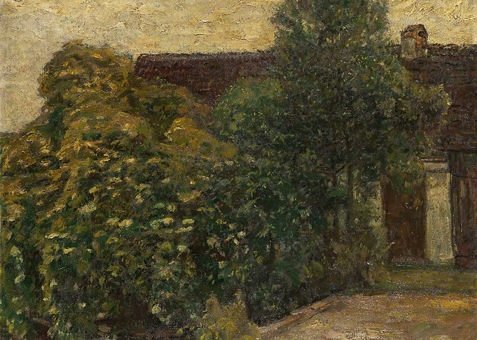 Impressionist painting of a garden and house
