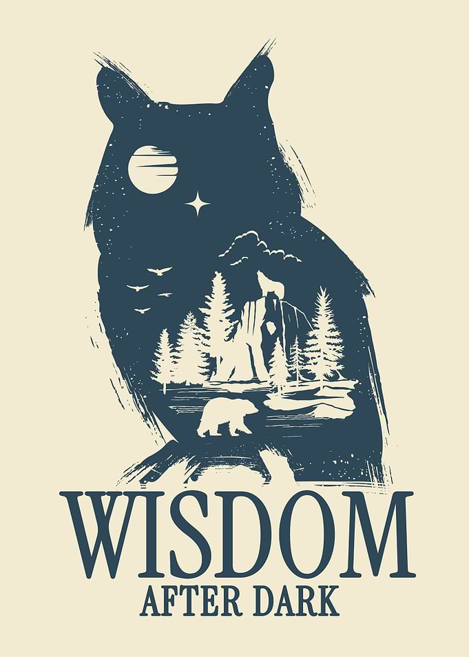 Owl Poster Wisdom After Dark, Night Forest Wall Art, Wildlife Owl Illustration, Nature Silhouette Decor