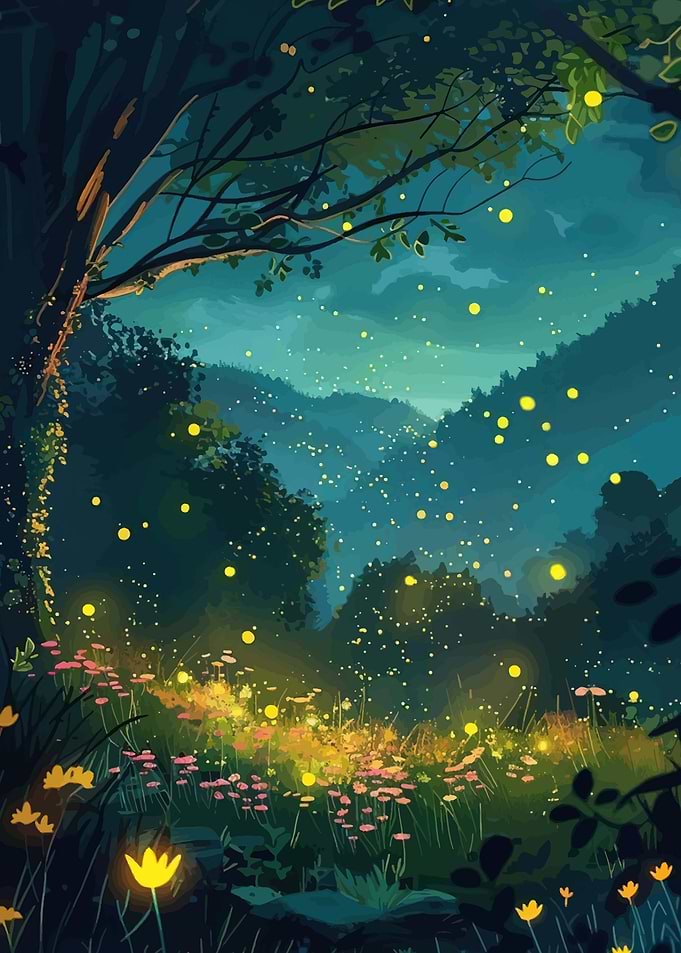 Enchanted Forest at Night with Fireflies