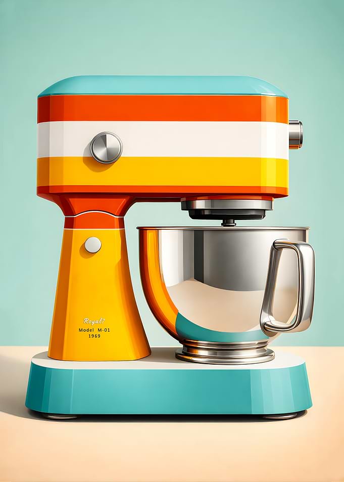 Retro Stand Mixer Metal Poster - Mid Century Modern Kitchen Wall Art - Teal and Orange Baking Decor