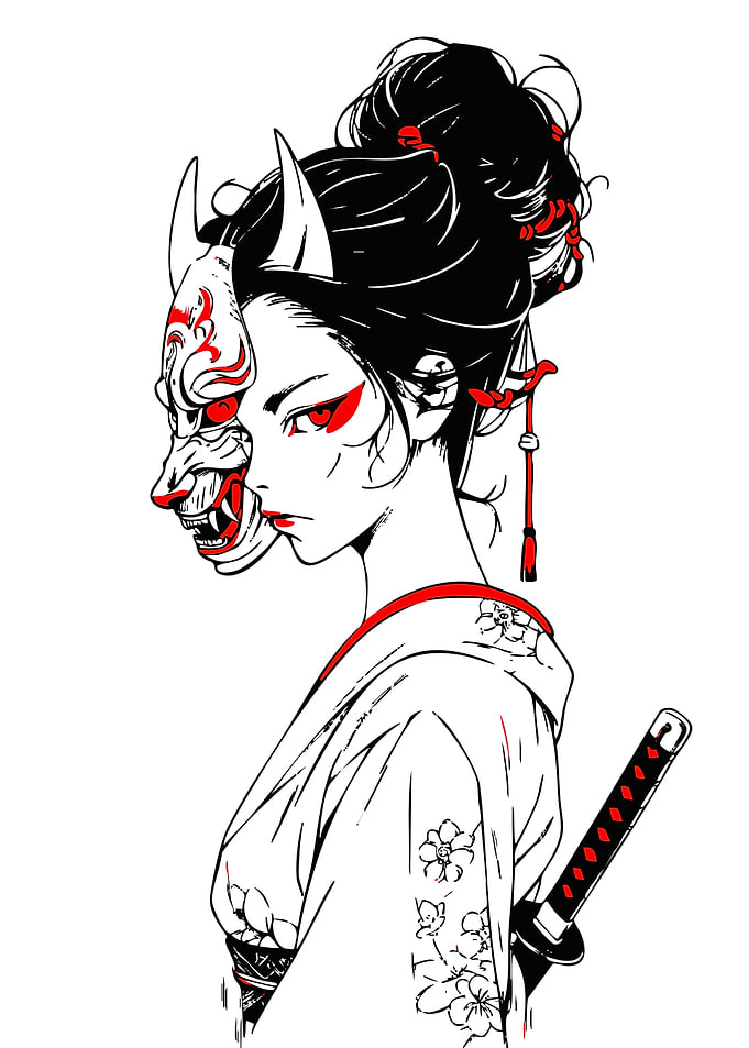 Geisha with Oni Mask and Katana