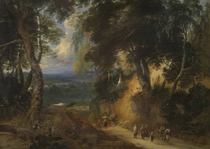 Woodland landscape with travelers