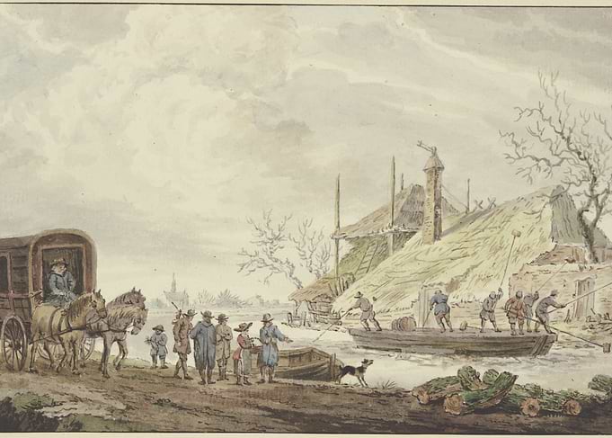 Winter Scene with Horse-Drawn Carriage and Boat