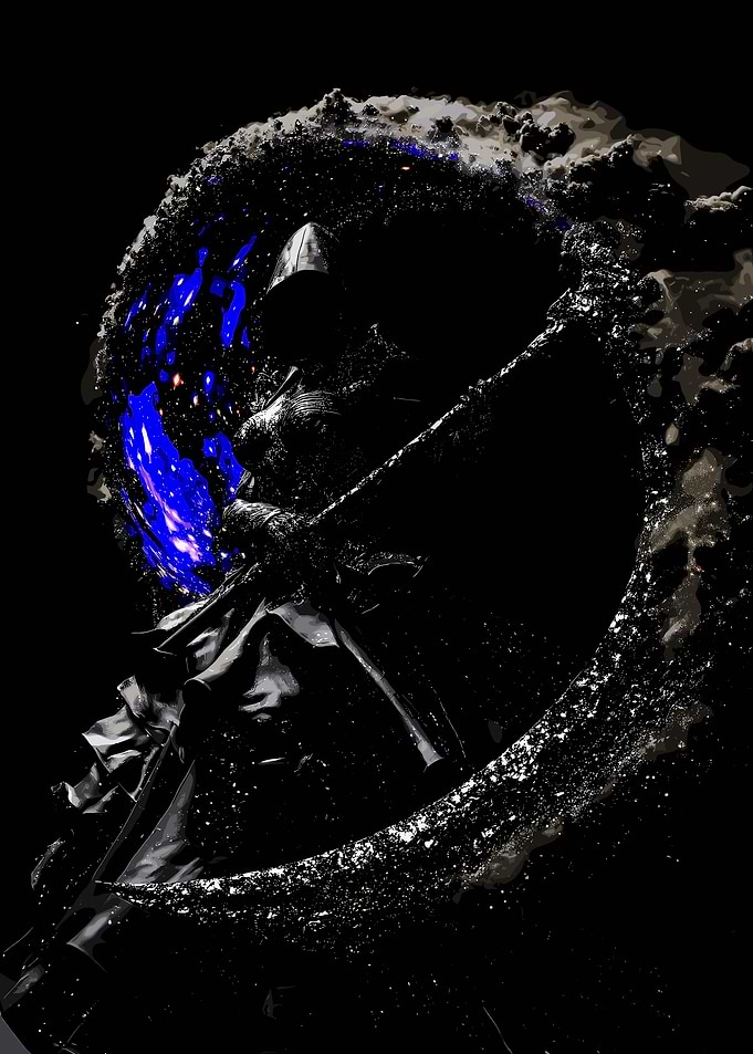 Dark hooded figure with weapon