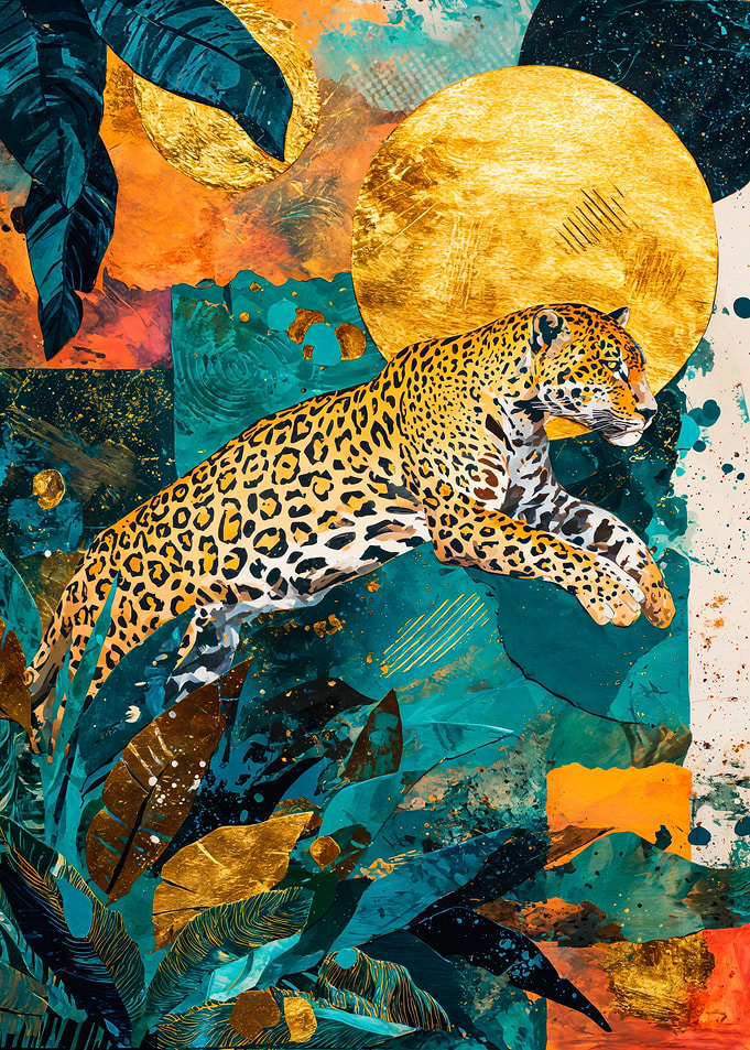Leaping Leopard Abstract Gold Collage