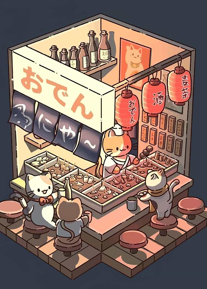Cats Enjoying Oden at a Japanese Stall