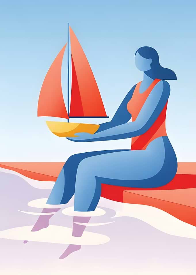 Woman with Toy Sailboat by Water