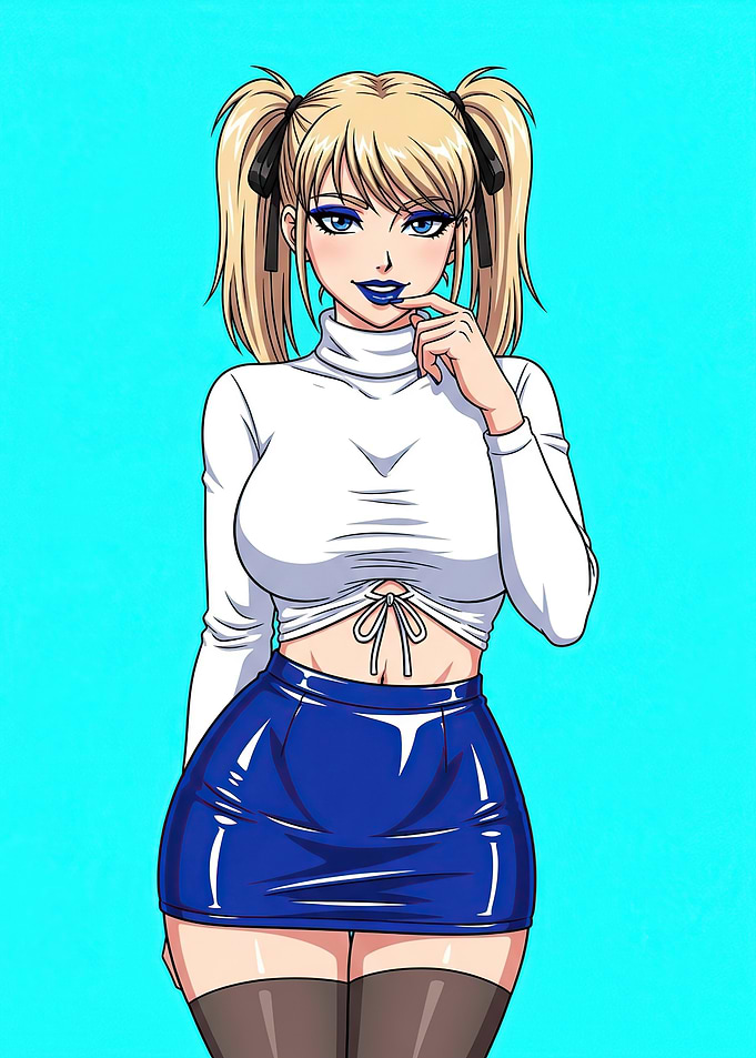 Anime Girl in White Turtleneck and Blue Skirt