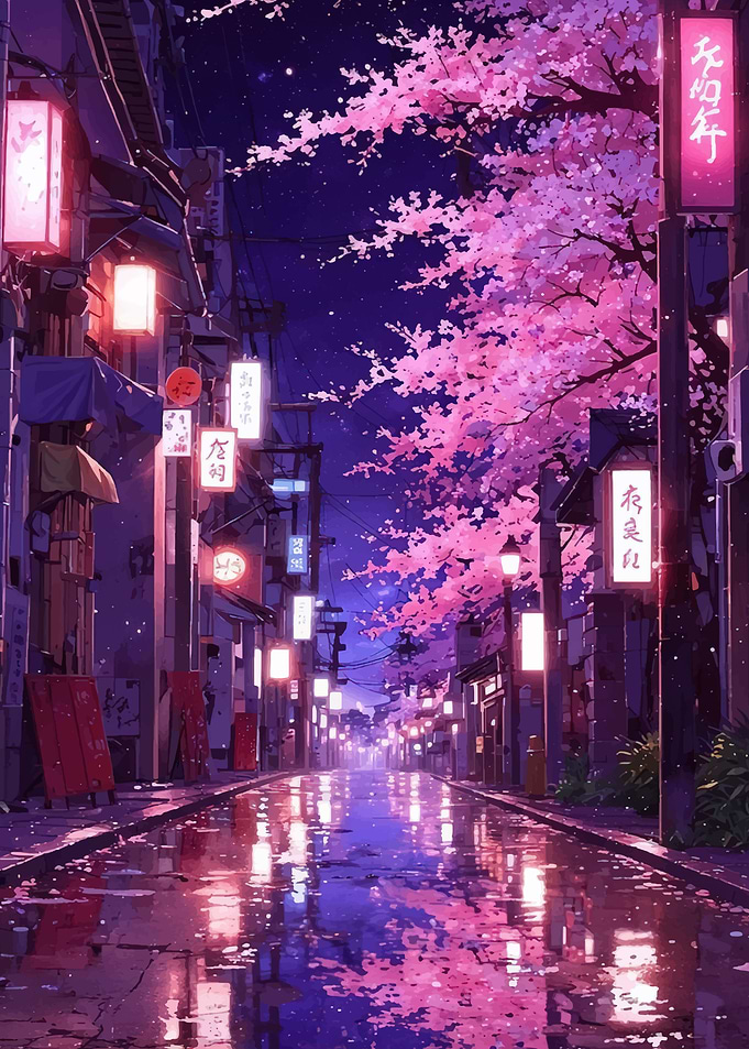 Street at Night with Cherry Blossoms