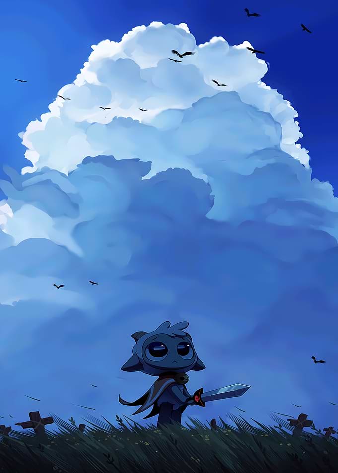 Cute character with sword in a graveyard