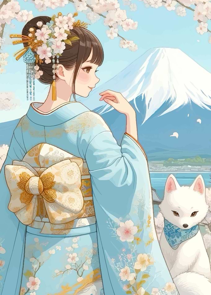Anime Girl with Fox and Mt. Fuji