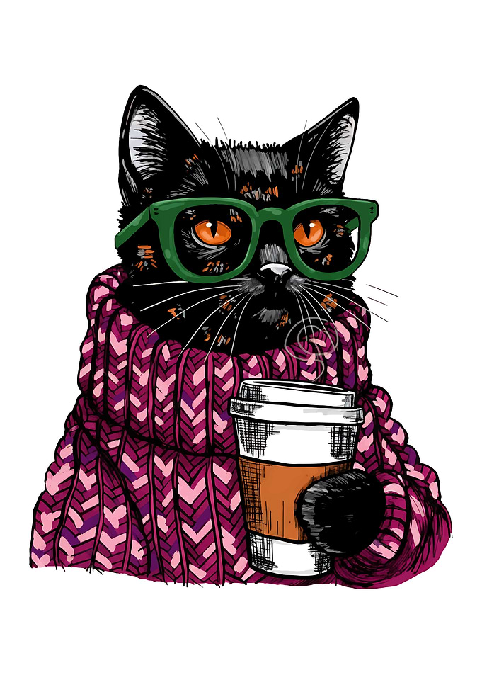 Black Cat with Glasses and Coffee