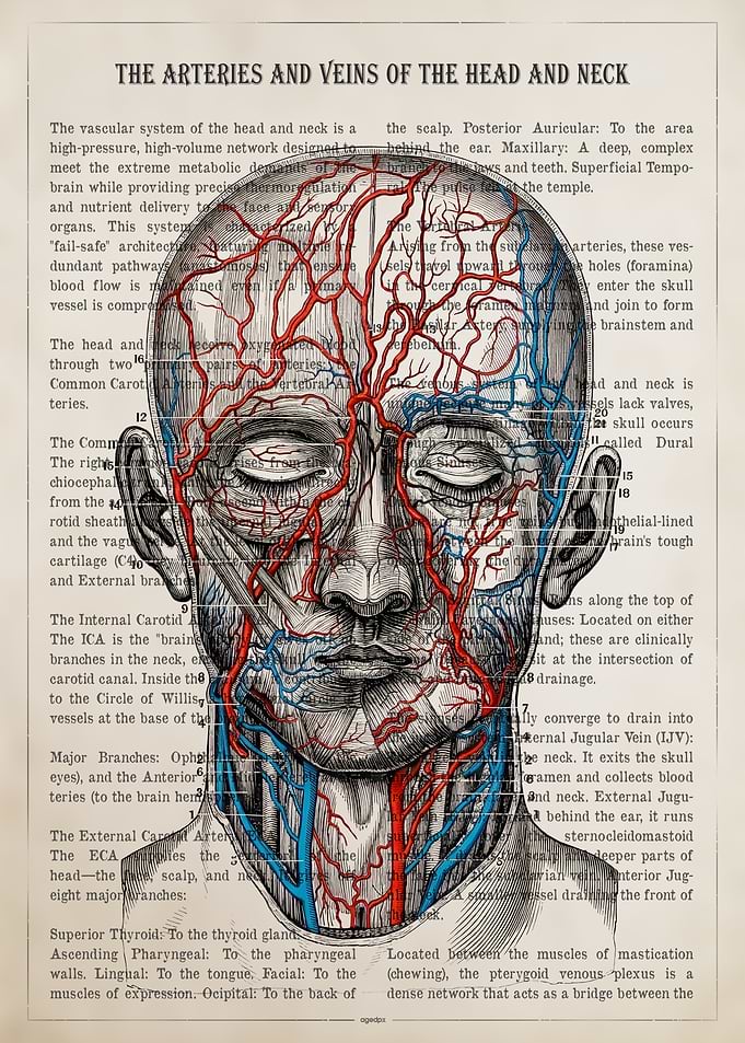 Vintage Head and Neck Arteries and Veins Anatomy