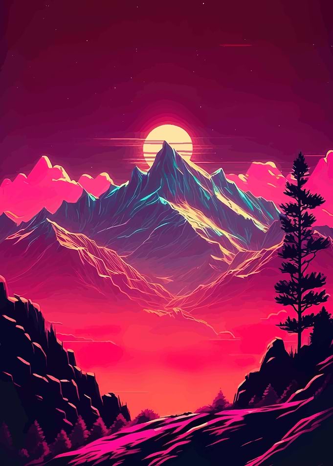 Retro Mountain Sunset