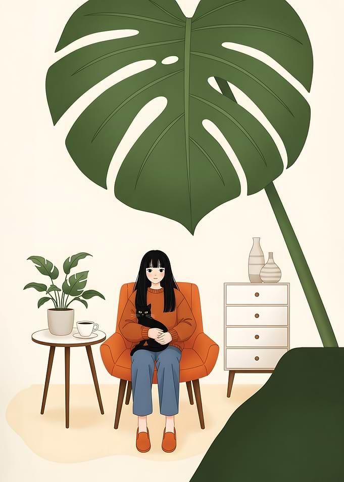 Girl with Cat in Cozy Room