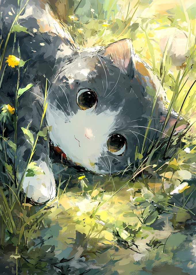 Cute Cat in a Field of Flowers