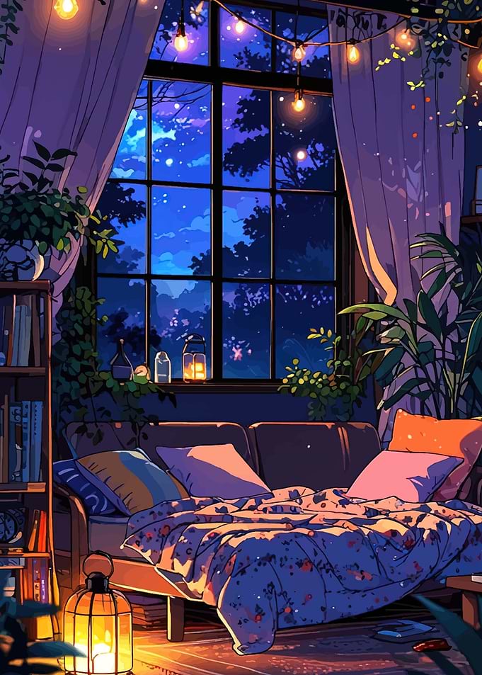 Cozy Anime Room with Starry Night View