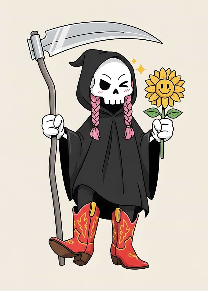 Grim Reaper with Sunflower and Cowboy Boots