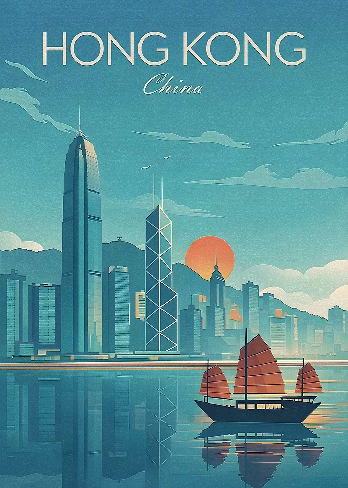Hong Kong Skyline with Junk Boat