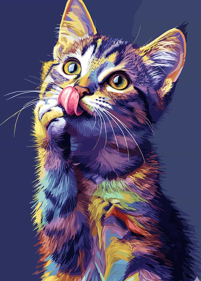 Colorful Cat Licking Its Nose