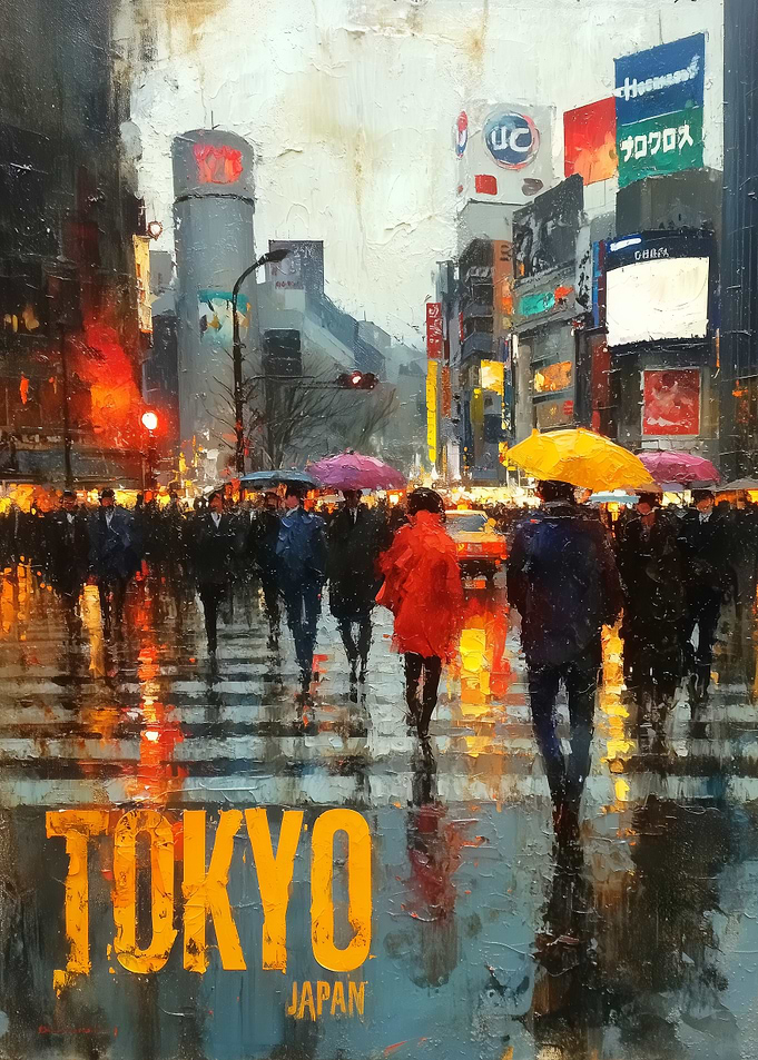 Rainy Tokyo Street Scene Painting