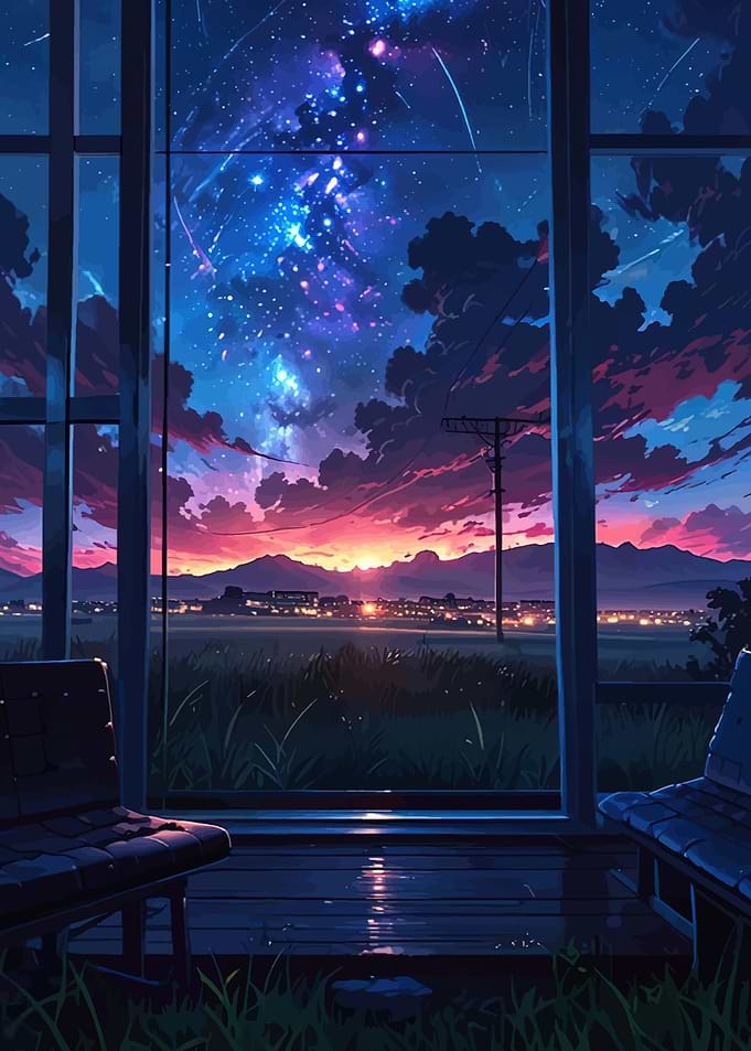 Anime Window View of Starry Night Sky