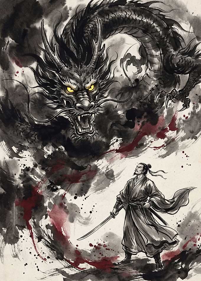 Dragon and Warrior Ink Painting