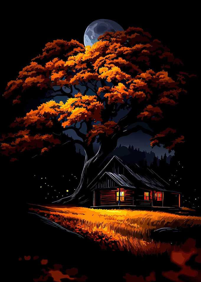 Autumn Cabin Under the Moon