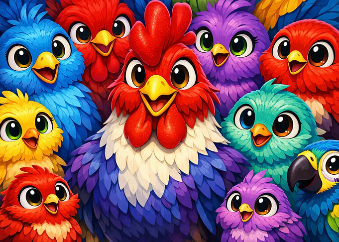 Cute Cartoon Birds and Rooster
