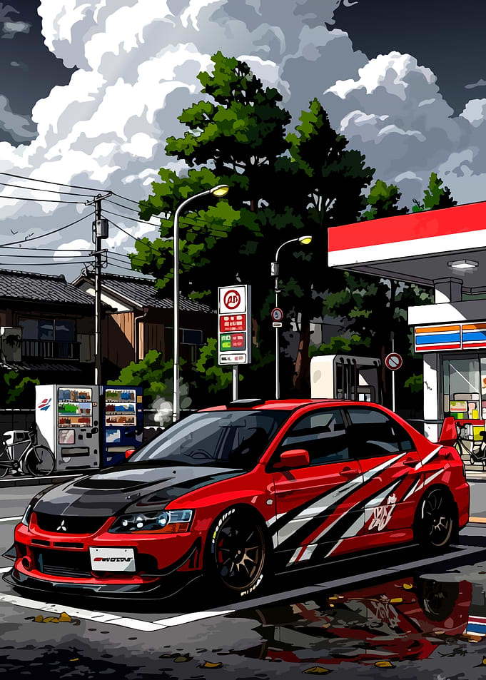 Red Mitsubishi Lancer Evolution at Gas Station