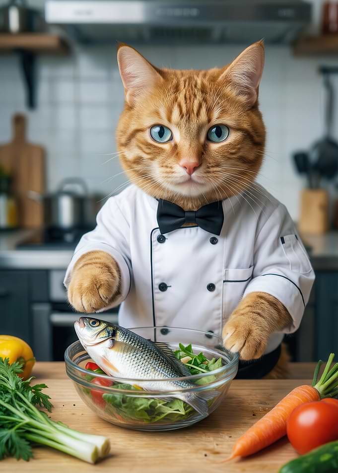 Chef Cat Preparing Fish Dish