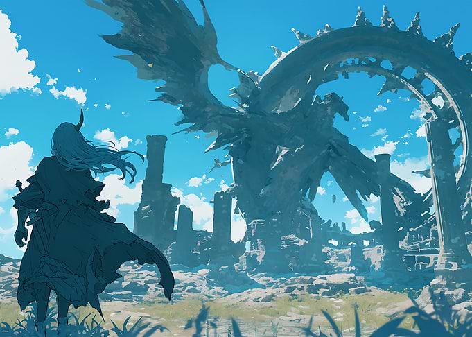 Fantasy Ruins with Dragon and Warrior