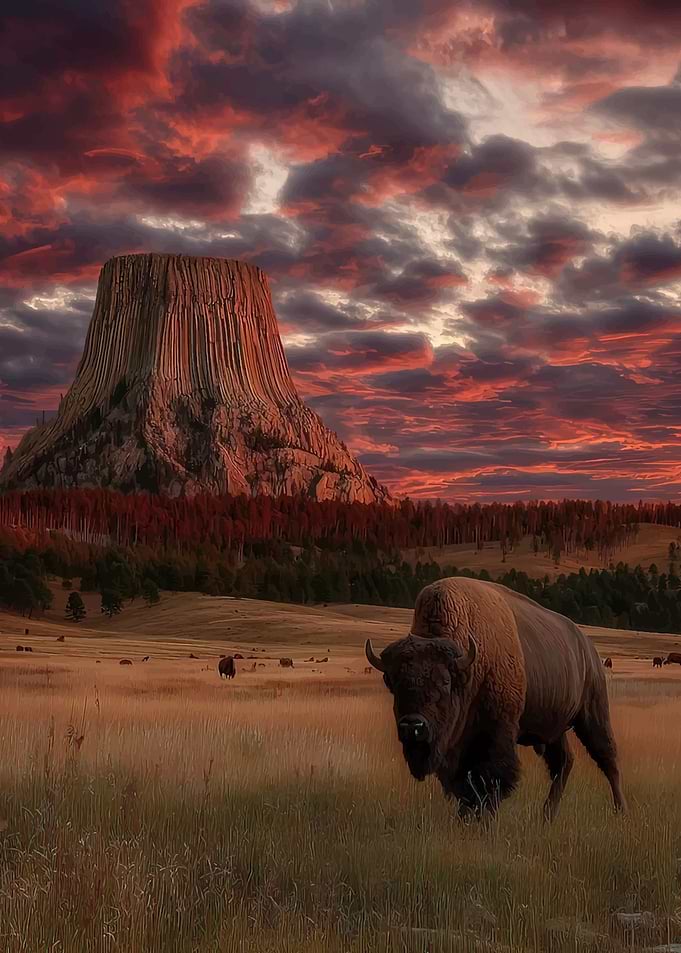 Bison at Devils Tower at Sunset