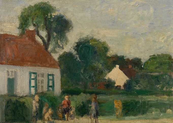 Children playing near houses and trees